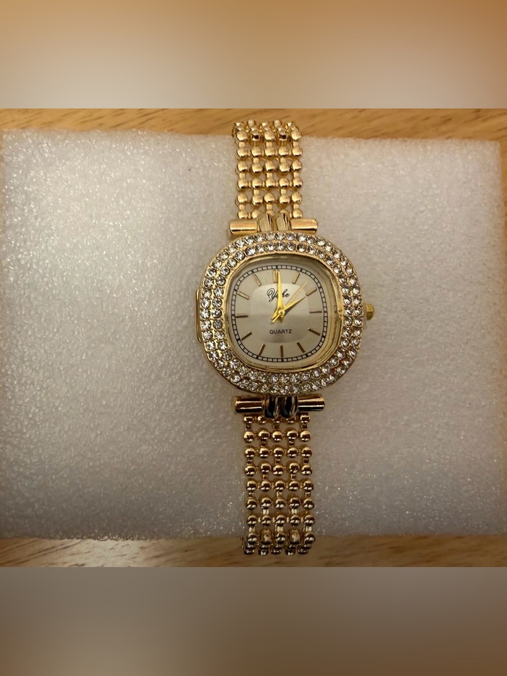 Yila Gold-Toned Rhinestone Cushion-Case Quartz Watch